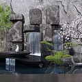 Modern Stone Feature Wall With Waterfall Green Plants Cherry Blossom Tree And Water Pool