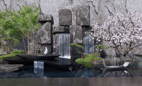 New Chinese style landscape sketch rockery waterscape wall stone stacked water sketch courtyard landscape 3d model