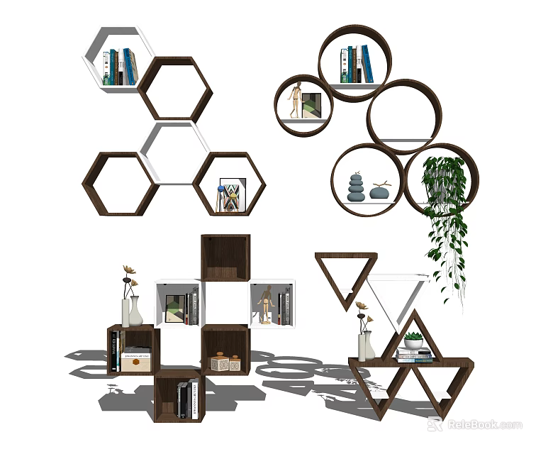 Modern Wall Cabinets with Hexagonal Circular Triangular Designs Books Plants and Decorative Items 3d model
