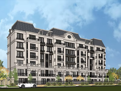European Style Multi Story Apartment Building With Gray Roof Dark Balconies And White Exterior 3d model