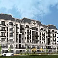 European Style Multi Story Apartment Building With Gray Roof Dark Balconies And White Exterior
