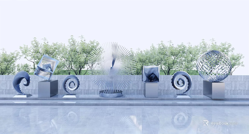 Modern Landscape Sculptures Featuring Spiral Fan Shaped And Geometric Designs With Trees And Stone Wall 3d model 