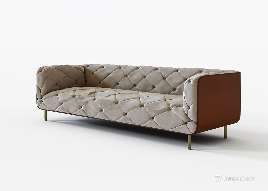 Beige Multi Seater Sofa With Tufted Diamond Pattern Brown Armrests And Metal Legs 3d model