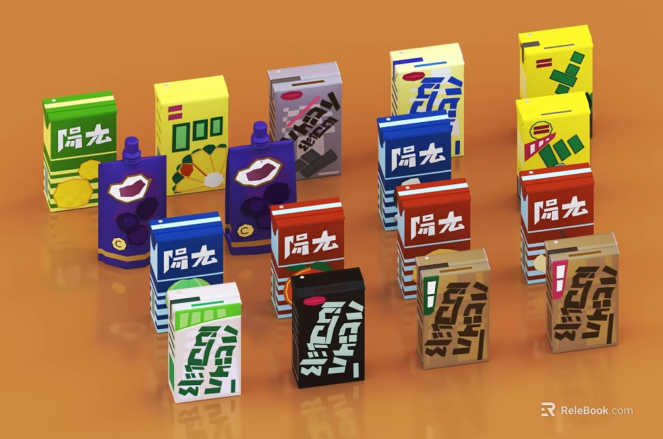 Colorful Afternoon Drink Cartons with Various Colors and Different Designs 3d model 