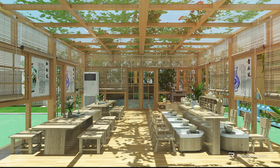 School Wooden Pergola Rest Area With Tables Benches Green Plants Decorative Paintings And Sunlight 3d model 