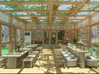 School Wooden Pergola Rest Area With Tables Benches Green Plants Decorative Paintings And Sunlight 3d model