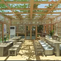 School Wooden Pergola Rest Area With Tables Benches Green Plants Decorative Paintings And Sunlight