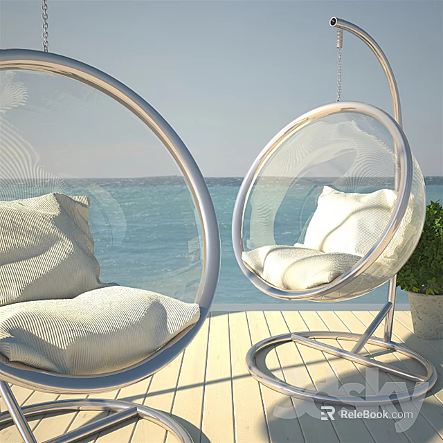 Round Metal Frame Hanging Chairs With White Cushions On Wooden Deck By Ocean View 3d model 