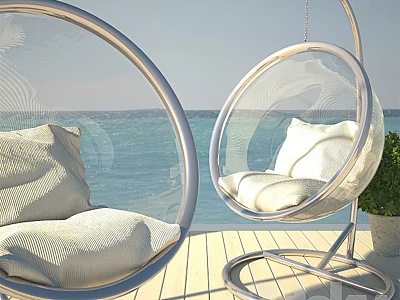Round Metal Frame Hanging Chairs With White Cushions On Wooden Deck By Ocean View 3d model