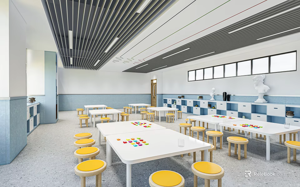 Spacious Classroom Interior With White Tables Yellow Stools Blue Storage Cabinets Windows And Ceiling Design 3d model