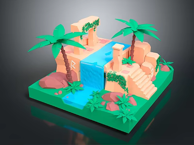 Tropical Landscape With Palm Trees Waterfall Stone Steps And Green Plants 3d model
