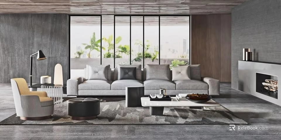 Modern Living Room Interior With Sofa and Coffee Table Set Pillows Floor to Ceiling Windows 3d model 