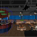 Stylish Bar Interior Design With Warm Lighting Wooden Tables Bar Counter And Green Plants
