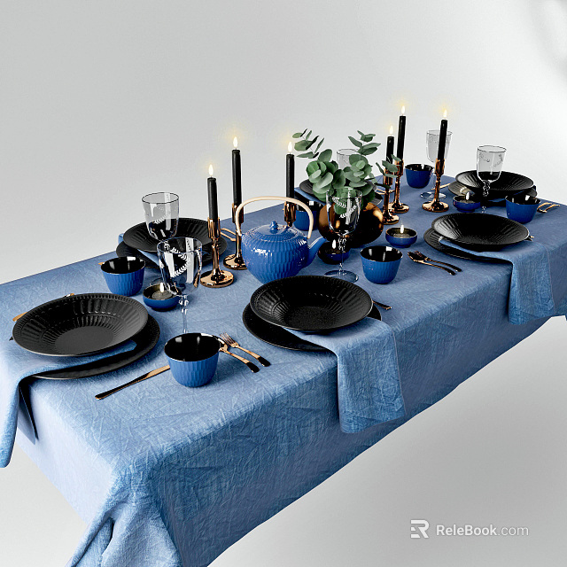 Blue and Black Dinnerware Combination With Gold Candlesticks Green Plant Decor And Elegant Table Setting 3d model 
