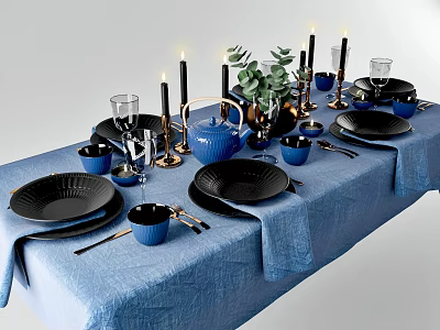 Blue and Black Dinnerware Combination With Gold Candlesticks Green Plant Decor And Elegant Table Setting 3d model