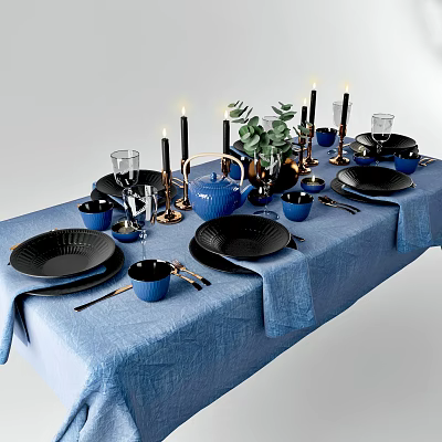 Blue and Black Dinnerware Combination With Gold Candlesticks Green Plant Decor And Elegant Table Setting 3d model