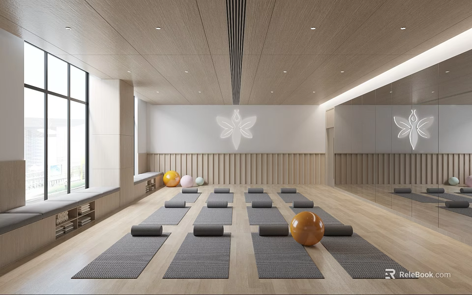 Yoga Studio Space With Mats Exercise Balls Mirror And Natural Light 3d model 