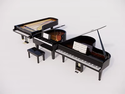 Three Black Grand Pianos With Piano Stool And Music Sheets On White Background 3d model