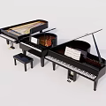 Three Black Grand Pianos With Piano Stool And Music Sheets On White Background