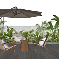 Outdoor Chairs with Patio Umbrella and Small Table on Wooden Deck Surrounded by Green Plants