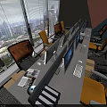 Modern Public Office Space Interior With Geometric Wall Workstations And Pendant Lights 3d model
