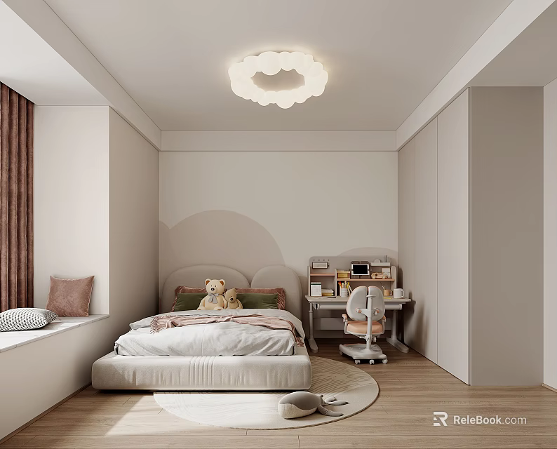 Cozy Kids Room with Cloud Lamp Bed Stuffed Teddy Bear Desk Chair and Wooden Floor 3d model 
