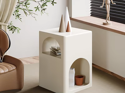 White Cube Side Table With Open Shelves Holding Books And Terracotta Pot Near Brown Armchair 3d model