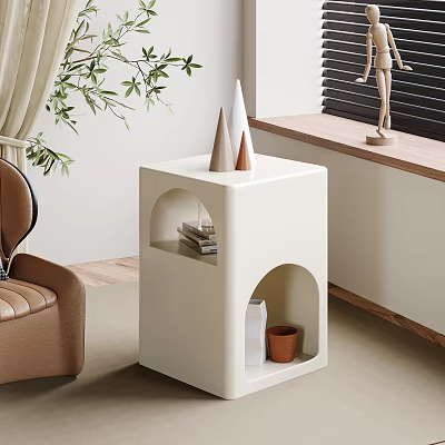White Cube Side Table With Open Shelves Holding Books And Terracotta Pot Near Brown Armchair 3d model