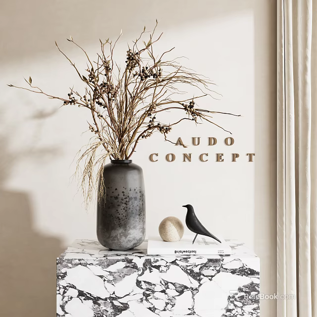 Gray Ceramic Vase With Dried Branches Black Bird And White Sphere On Patterned Table 3d model