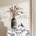 Gray Ceramic Vase With Dried Branches Black Bird And White Sphere On Patterned Table 3d model