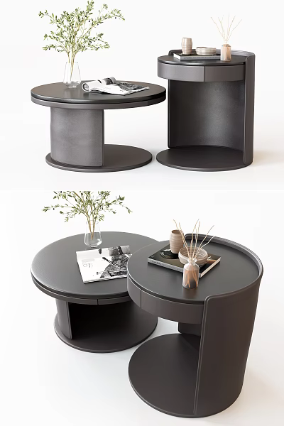 Two Modern Black Round Coffee Tables With Vase Magazine And Aromatherapy Sticks 3d model