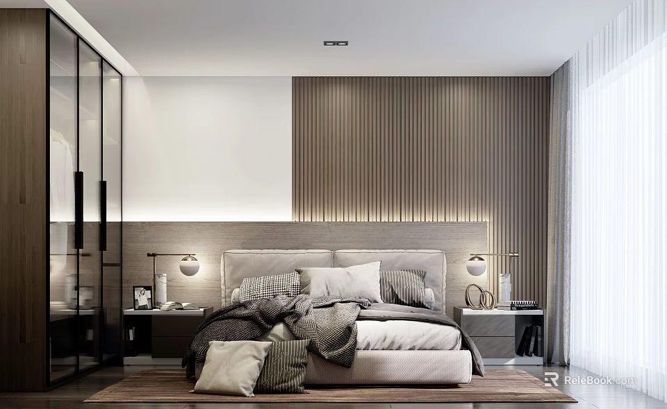 Modern Bedroom Interior With Vertical Slat Headboard Wall And Bedside Table Lamps 3d model 