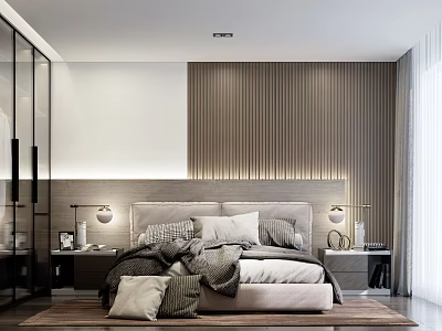 Modern Bedroom Interior With Vertical Slat Headboard Wall And Bedside Table Lamps 3d model