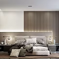 Modern Bedroom Interior With Vertical Slat Headboard Wall And Bedside Table Lamps