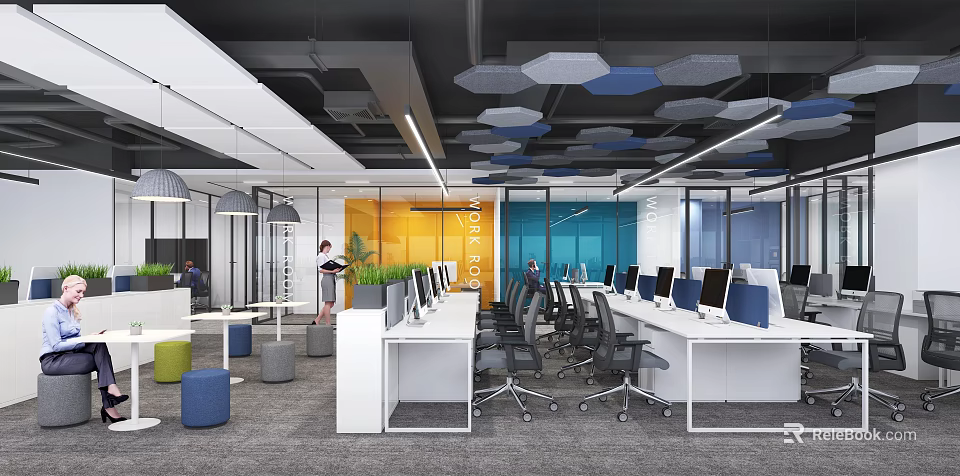 Modern Public Office Area With Open Layout Desks Computers Yellow Blue Walls And Hexagonal Ceiling 3d model 