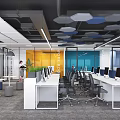 Modern Public Office Area With Open Layout Desks Computers Yellow Blue Walls And Hexagonal Ceiling 3d model