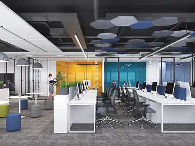 Modern Public Office Area With Open Layout Desks Computers Yellow Blue Walls And Hexagonal Ceiling 3d model