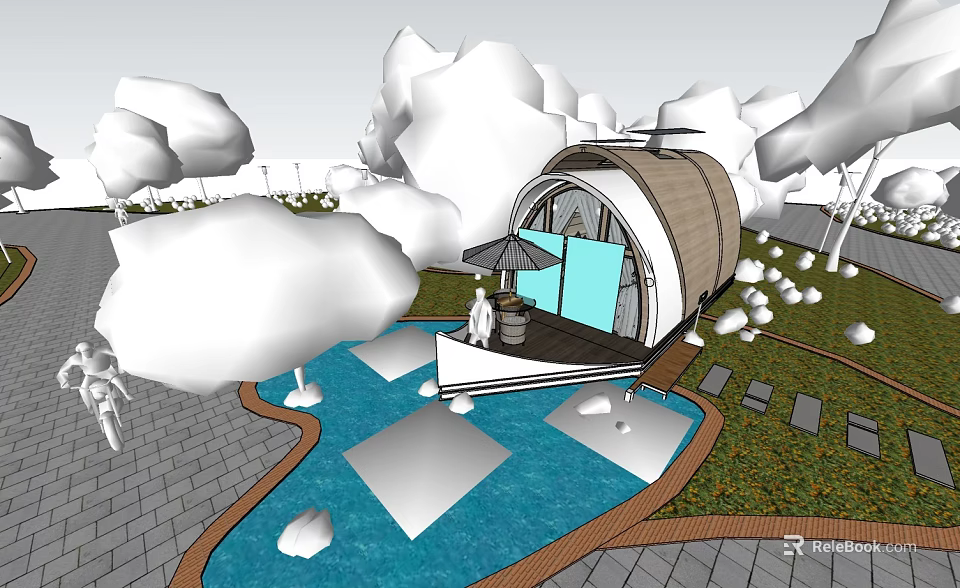 Modern Scenic Cabin With Waterfront Terrace And Cloud Shaped Decorations Around 3d model 