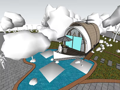 Modern Scenic Cabin With Waterfront Terrace And Cloud Shaped Decorations Around 3d model