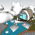 Modern Scenic Cabin With Waterfront Terrace And Cloud Shaped Decorations Around