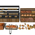 Assorted Bakery Bread Display with Croissants Baguettes and Rolls on Shelves 3d model
