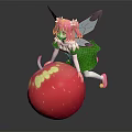 Pink Haired Fairy with Green Dress and Wings on Red Apple with Yellow Spots