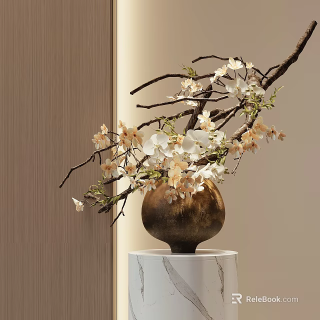 Elegant Brown Vase With White Beige Flowers And Branches On Marble Stand 3d model 