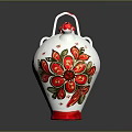 White Vase With Red Green Floral Patterns Red Handle And Base