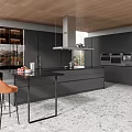 Modern Kitchen Interior With Wooden Ceiling Black Cabinets Island And Large Windows