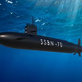 Underwater View Of SSBN 70 Submarine In Deep Blue Ocean Water
