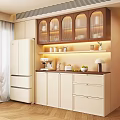 Modern Beige Sideboard With Refrigerator Glass Door Cabinets Warm Lighting And Decorative Items In Kitchen