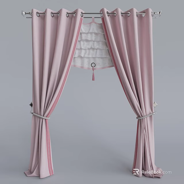 Pink Curtains Featuring White Lace Red Striped Edges and Tiebacks 3d model 