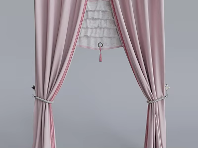 Pink Curtains Featuring White Lace Red Striped Edges and Tiebacks 3d model