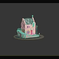 Cartoon Scene with Cute House Red Door Steps Street Lamp and Water Waves